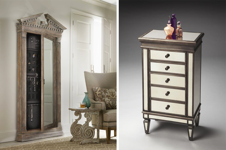 Jewelry armoires: models by Hooker Furniture (left) and Darby's Big Furniture (right)