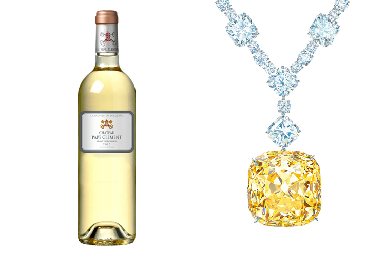 Pape Clément Blanc 2009 and a yellow diamond necklace from Tiffany & Co.